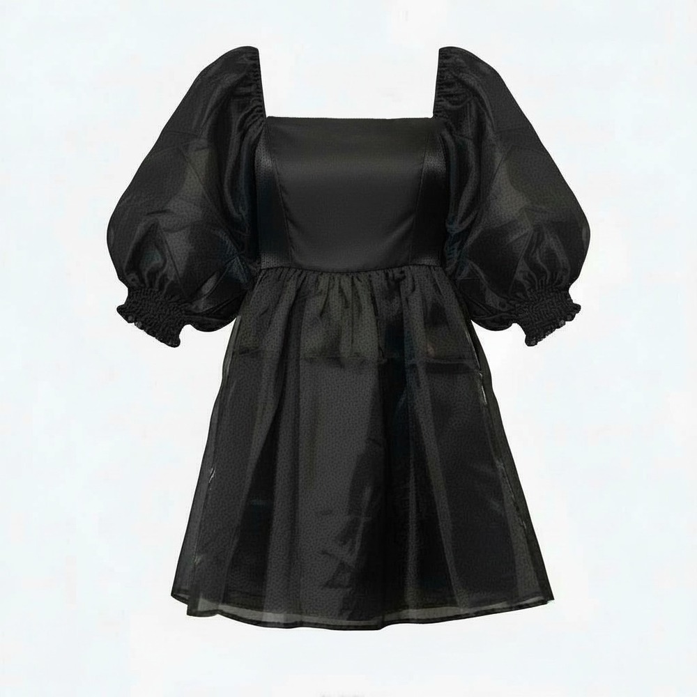 NWOT Bucket List Size M Black Babydoll Mini Dress Organza Balloon Sleeve HOCO